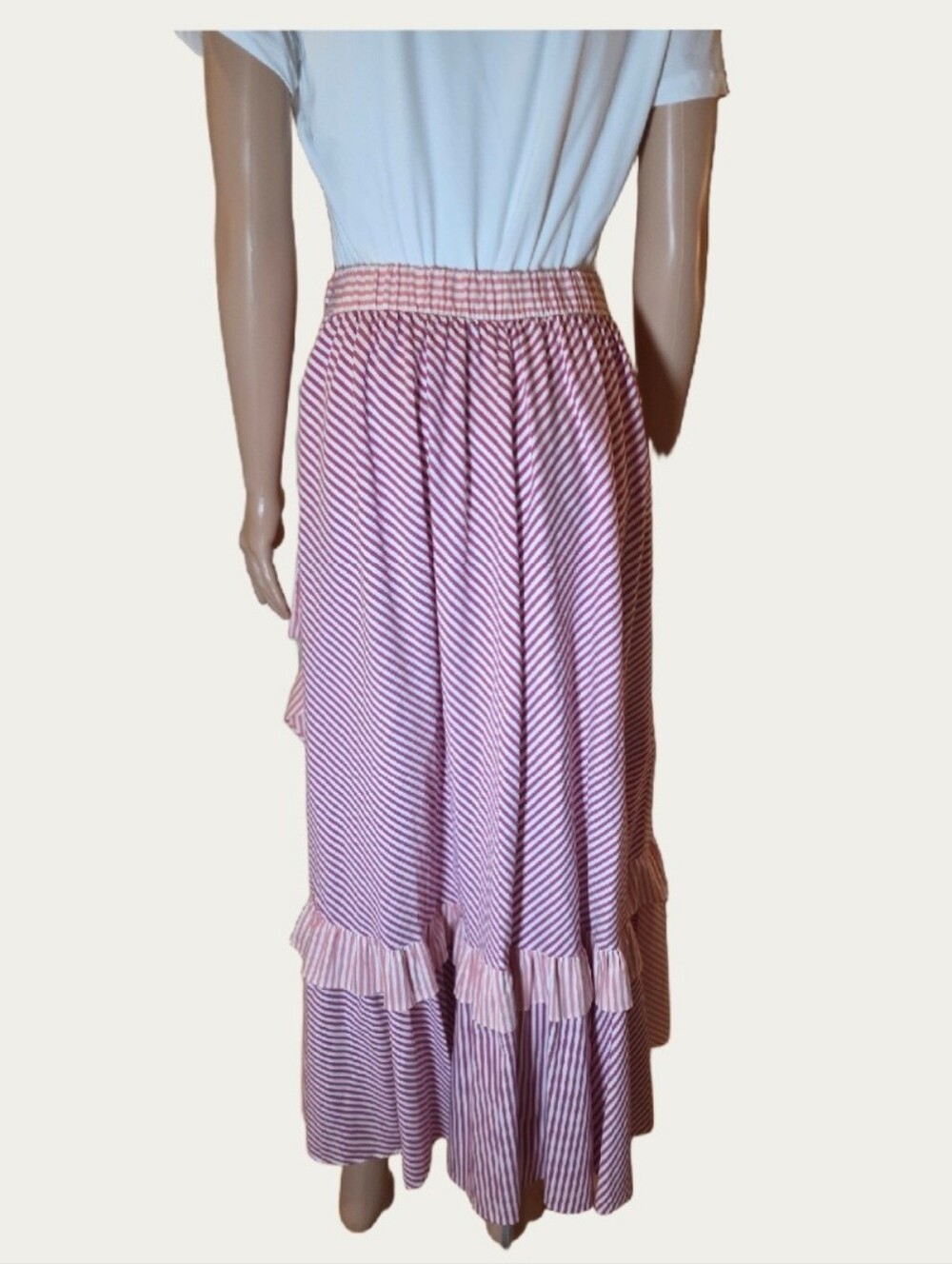 Maeve Anthropologie Penny Ruffled Wrap Midi Skirt Pink White Striped Sz S EUC - Picture 7 of 15